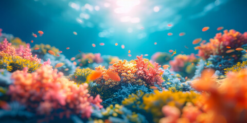 Naklejka premium Stunning underwater scene of a vibrant coral reef with small fish swimming around under beams of sunlight.