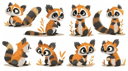 Fototapeta premium Cute cartoon raccoons in different poses. These adorable creatures are sure to make you smile. Perfect for use as illustrations, stickers, or in children's books.