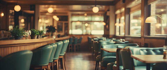 Empty retro diner with teal booths and warm lighting