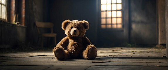 Lonely teddy bear in an old room