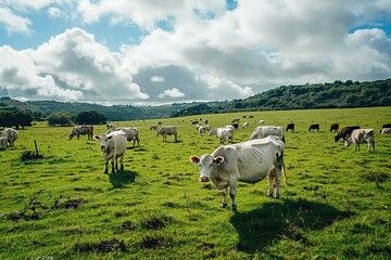 Fototapeta premium a herd of white cows on a wide green pasture 