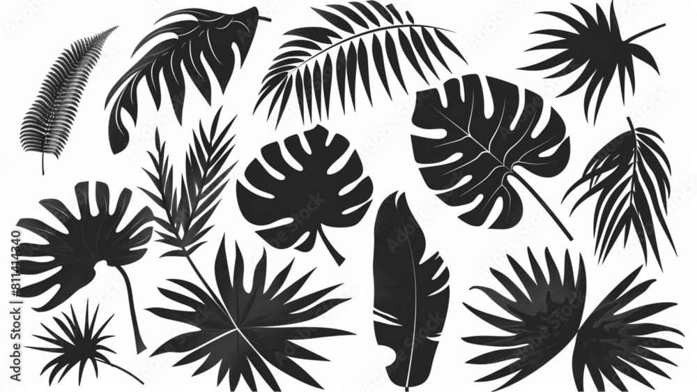 Wall mural silhouette jungle leaf. abstract black palm tropical rainforest leaves. decorative plants. graphic f - Wall murals