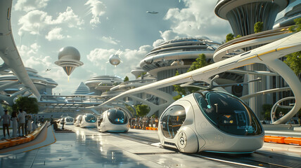 A futuristic transport hub with autonomous vehicles