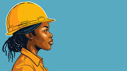 vector illustration of an African American woman construction worker wearing her hard hat, profile view on solid blue background
