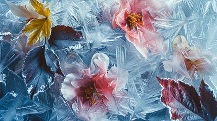 Flowers and leaves in the ice, frozen floral.Abstract organic art.