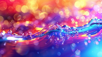 Rainbow colors burst forth from the dynamic background filled with bubbles and light

