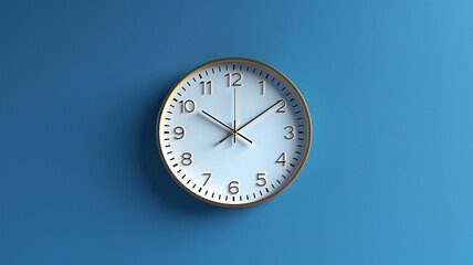 wall-clock on a blue wall, blue background. 3d rendering.