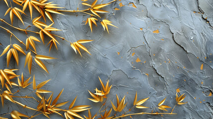 golden bamboo leaves on gray cement texture,Abstract background