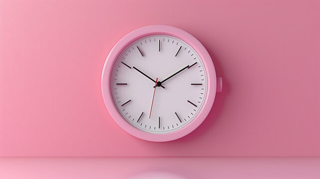 wall-clock on a pink wall, pink background. 3d rendering.