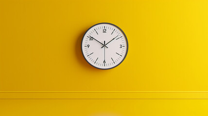 wall-clock on a yellow wall, yellow background. 3d rendering.