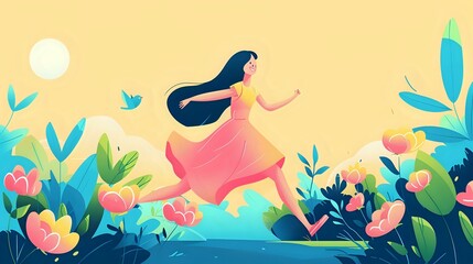 Woman surrounded by birds and a gentle breeze on a rejuvenating walk