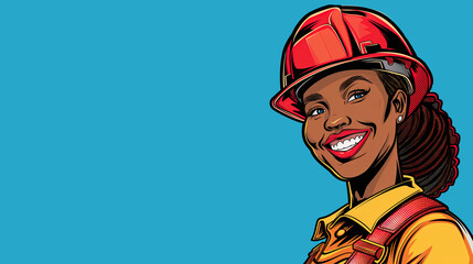 vector illustration of a happy African American woman construction worker, smiling with a red helmet and yellow overalls on a solid blue background