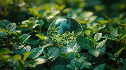 Close-up of a crystal ball nestled among green foliage