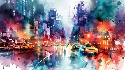 A set of watercolor of a bustling cityscape at dusk, with lights twinkling and traffic blurring past, Clipart isolated with a white background