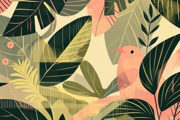 seamless pattern with leaves, Colorful and peaceful bird illustration amidst lush leaves, ideal for serene home decor and accessories.naive style, illustration