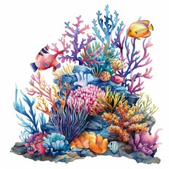 A set of watercolor of a vibrant coral reef teeming with colorful marine life, showcasing biodiversity under the sea, Clipart isolated minimal with white background