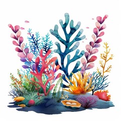 A set of watercolor of a vibrant coral reef teeming with colorful marine life, showcasing biodiversity under the sea, Clipart isolated minimal with white background