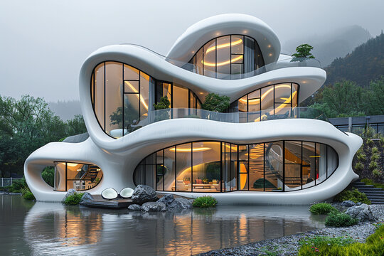 Futuristic Art Nouveau house, future building smart unreal, cityspace abstract technology modernism interior details digital classic fashion.