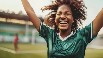 Fototapeta premium Female Soccer Player Celebrating Victory in Stadium