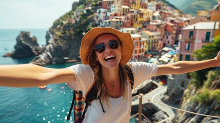 Fototapeta premium Happy Woman Selfie at Picturesque Seaside Town