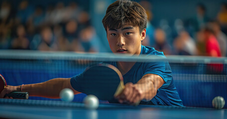 A man is playing ping pong and is about to hit a ball Generated by AI