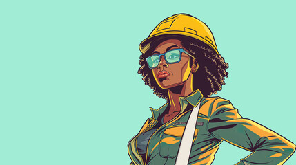  black woman wearing an open jacket, yellow helmet and blue glasses is working on construction site in green color palette