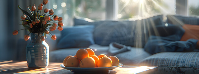 Beautiful living room with blue sofa, and orange decor on the coffee table, decorated with summer...