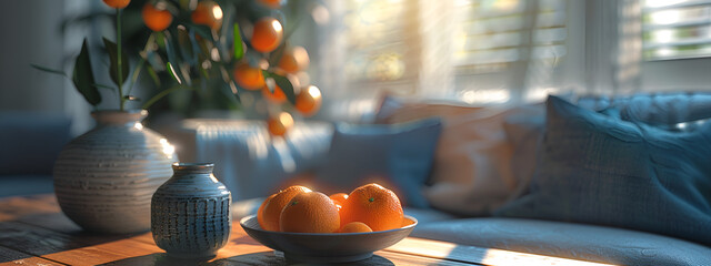 Beautiful living room with blue sofa, and orange decor on the coffee table, decorated with summer...
