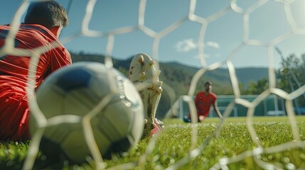 football Positioned behind the goalkeeper 