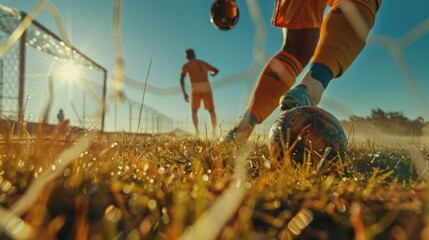 football Positioned behind the goalkeeper 
