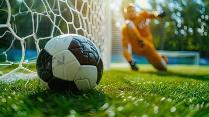 football Positioned behind the goalkeeper 