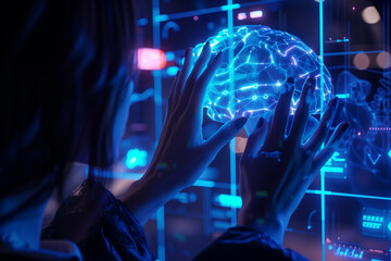 Invent a next-generation AI apparatus integrating brain imaging with interactive holographic projections, operated via tactile interactions