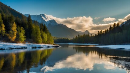 A serene natural landscape where the dawn's golden sunlight filters through verdant foliage, with majestic snow-capped mountains and a tranquil river reflecting the vibrant life and purity of nature.