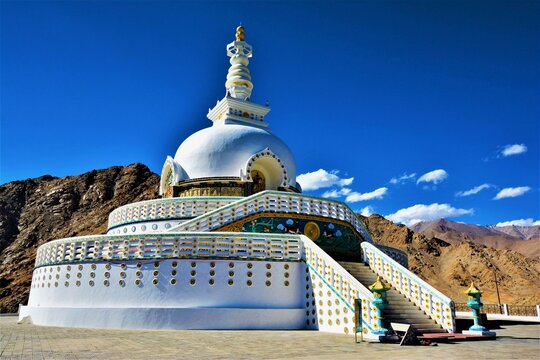 Shanti Stupa - a Buddhist white-domed stupa (chorten) on a hilltop in Chanspa, Leh district, Ladakh (India)