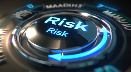 3D render of a light grey shiny plastic control button with text "Risk" pointing down, and the words maximum,