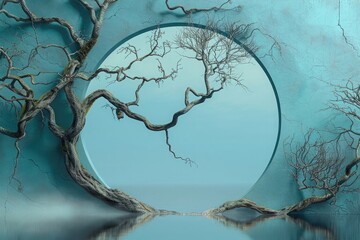3D render of an empty tree circle frame on a blue background, fantasy concept art