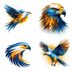 Obraz premium Vibrant eagle illustrations in watercolor and abstract styles, symbolizing strength, freedom, and power, ideal for branding, sports logos, tattoos, and artistic wildlife designs