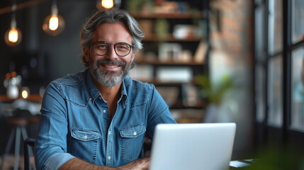 Obraz premium Man Sitting at Table Using Laptop Computer