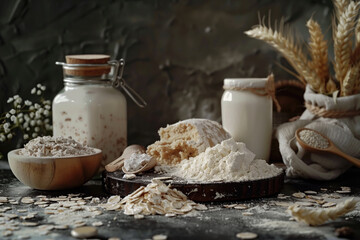 A table with a variety of food items including flour, sugar, and fermented milk
