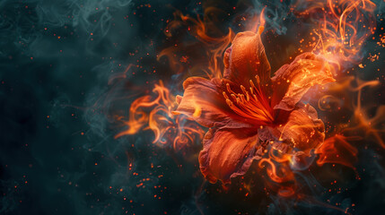 A flower with orange petals is surrounded by smoke and fire