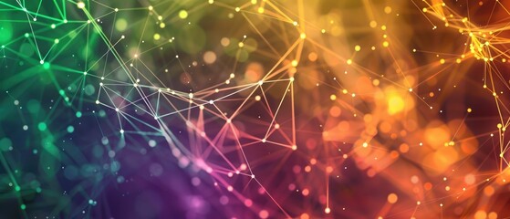 orange green purple abstract background with a network grid and particles connected sci fi digital technology with line connect network and data graphic background