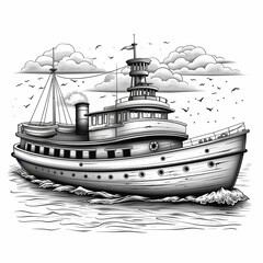 Simple black and white illustration of a river ship.