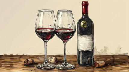 Illustration of a bottle of red wine and two glasses.