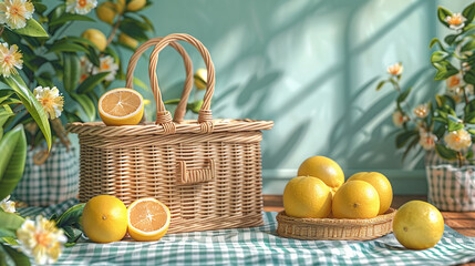 Illustration of lemons and wicker basket.