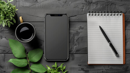 Minimalist workspace with notebook, pen, coffee cup, and smartphone.