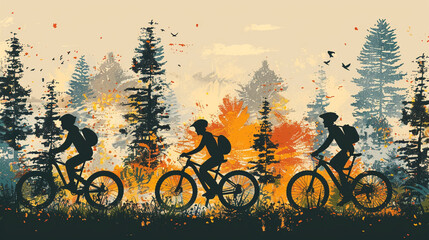 Silhouetted family biking in forest.