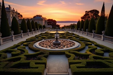 Fototapeta premium The Golden Hour Over an Opulent Baroque Palace Garden with Intricate Fountains and Statues