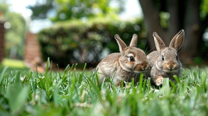 Rabbits hop across the lawn