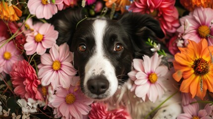 Multicolored Flowers Surrounding a Black and White Canine