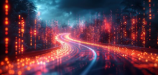 Fototapeta premium Abstract highway path through digital binary towers in city. 3D rendering Concept of big data, machine learning, artificial intelligence, hyper loop, virtual reality, high speed network